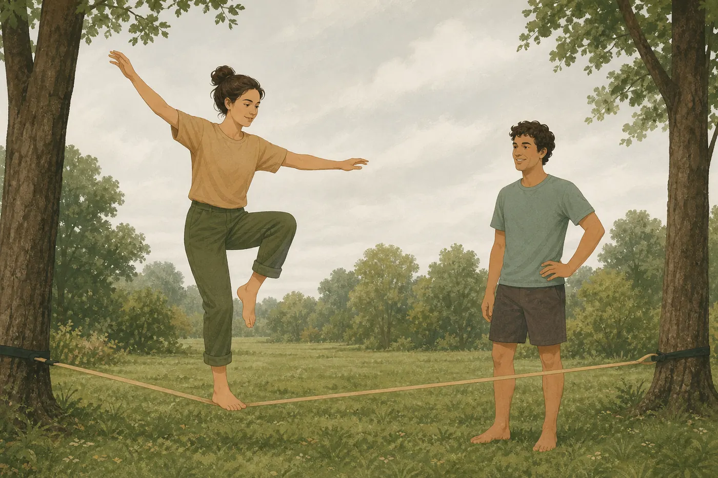 A beginner standing on one foot on a low slackline, arms raised for balance, with a friend nearby.
