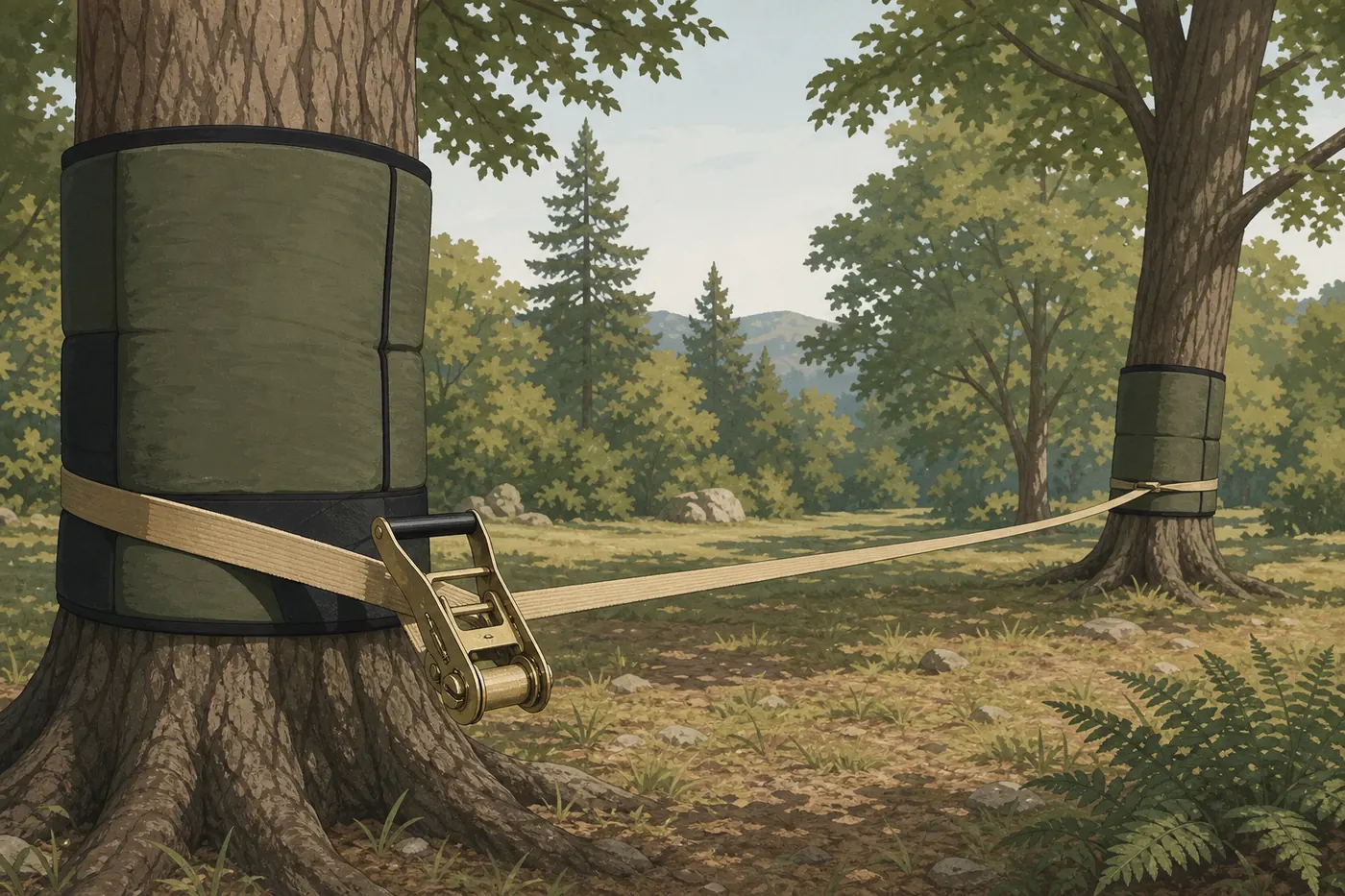 A slackline rigged between two trees with a ratchet in the foreground and padded tree protection in place.