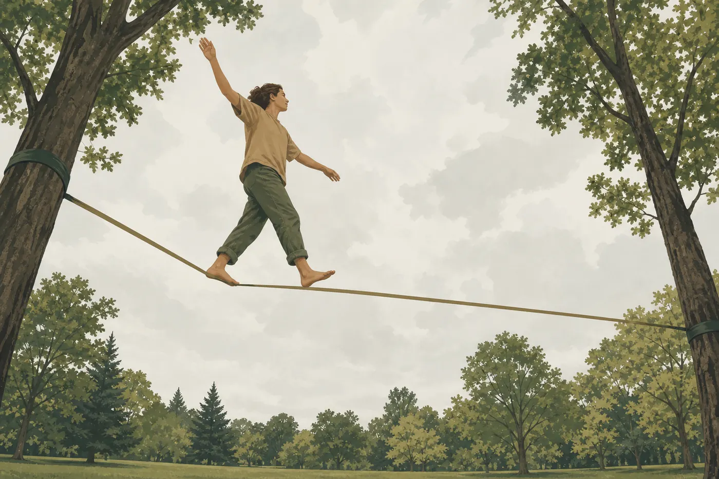 A person balancing barefoot on a slackline strung between two trees in a park.