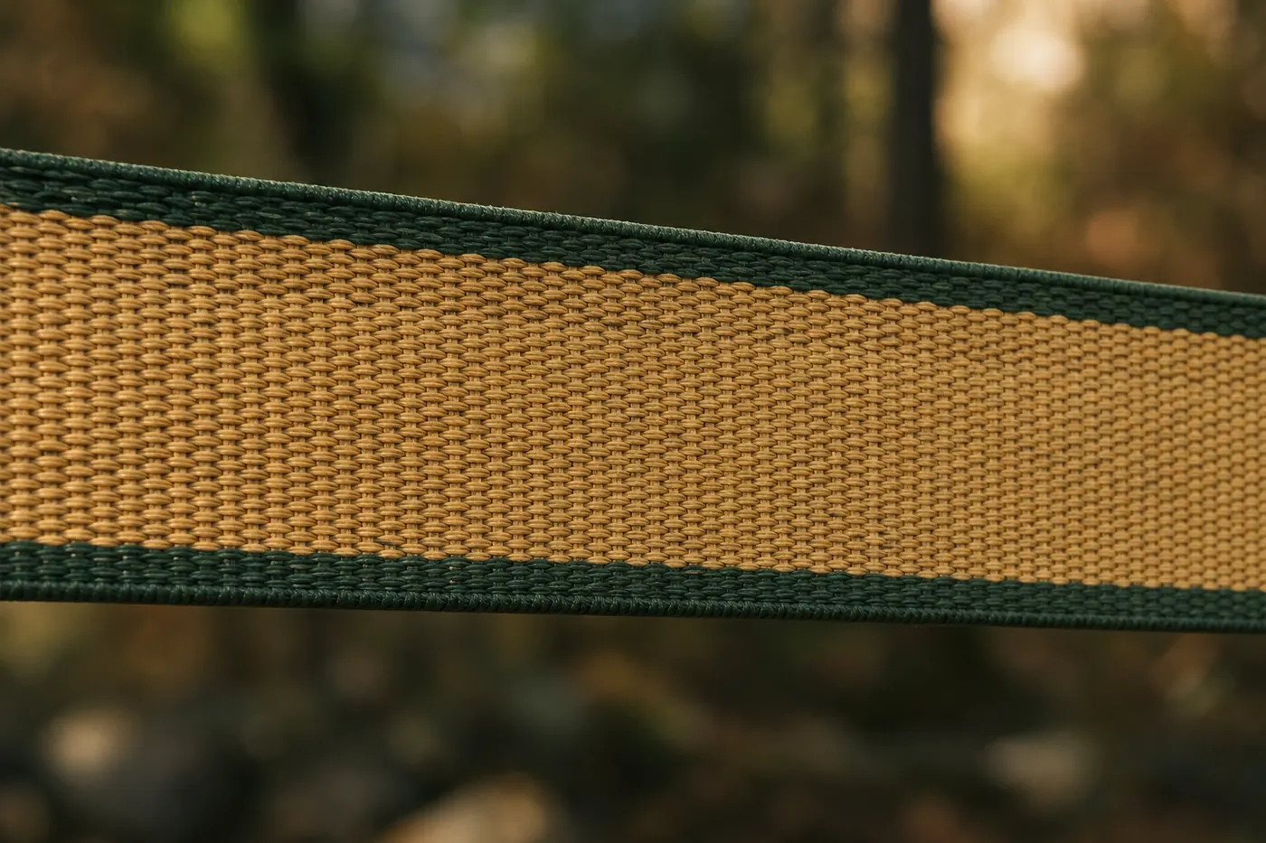 Close view of flat slackline webbing, showing the woven surface texture and the edge binding.